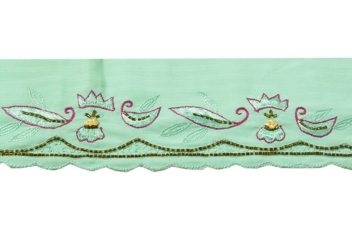 Vintage Sari Border Indian Craft Trim Hand Embroidered Beaded Ribbon Lace Green