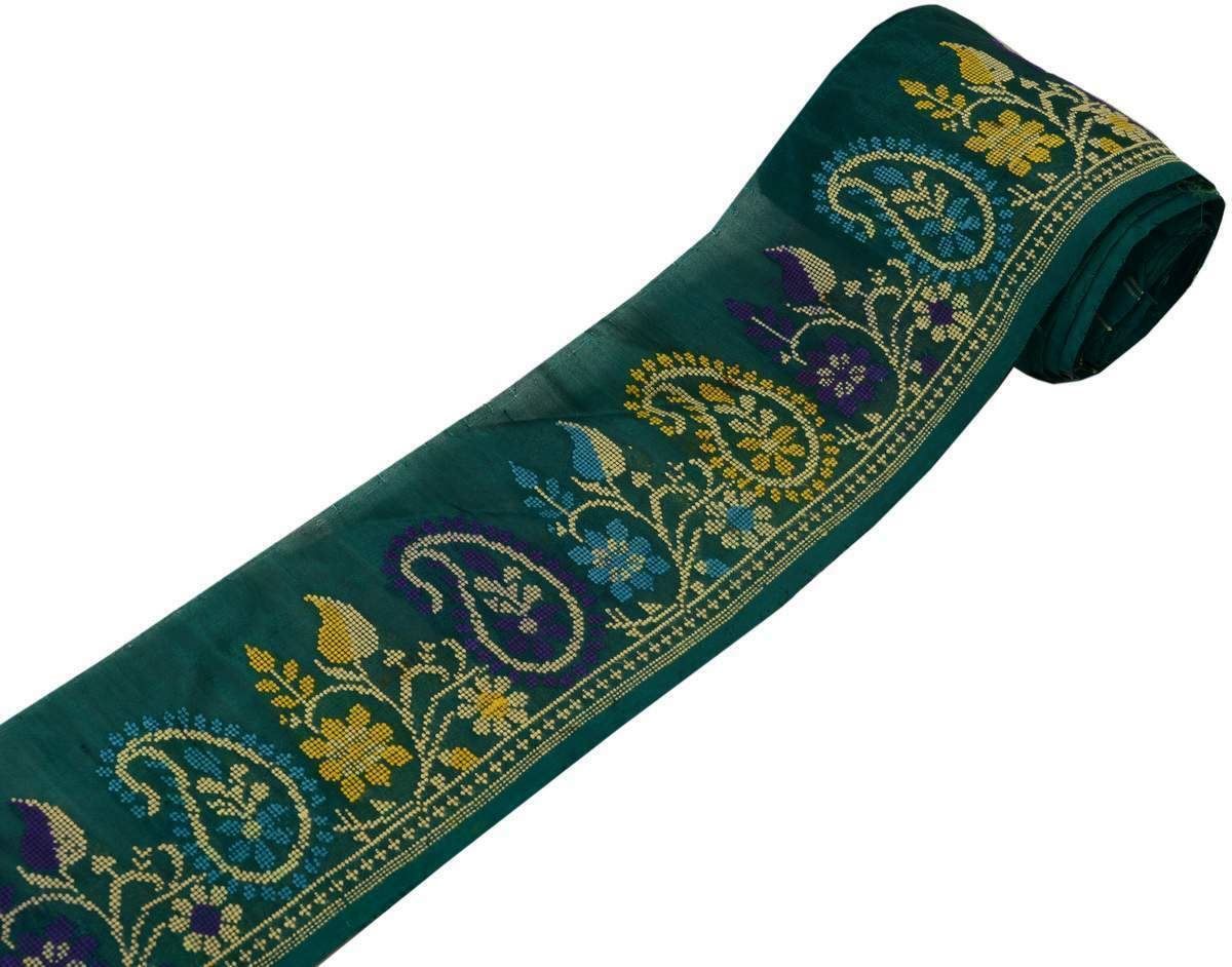3.75" W Vintage Sari Border Indian Craft Trim Woven Pasiely Green Lace Ribbon