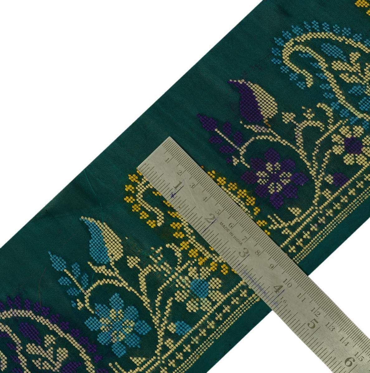 3.75" W Vintage Sari Border Indian Craft Trim Woven Pasiely Green Lace Ribbon