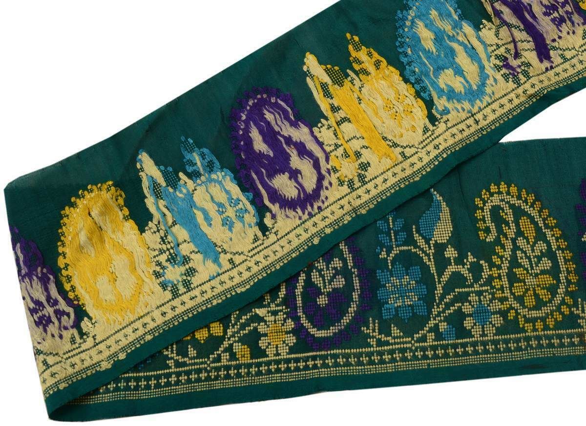 3.75" W Vintage Sari Border Indian Craft Trim Woven Pasiely Green Lace Ribbon