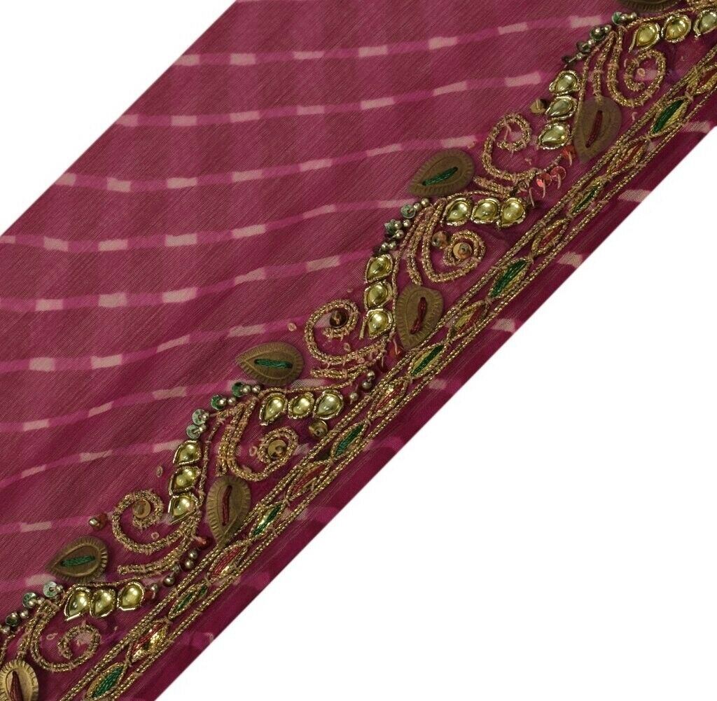 Vintage Sari Border Indian Craft Sewing Trim Hand Beaded Ribbon Lace Dark Pink