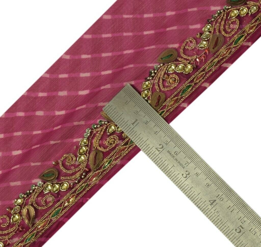 Vintage Sari Border Indian Craft Sewing Trim Hand Beaded Ribbon Lace Dark Pink