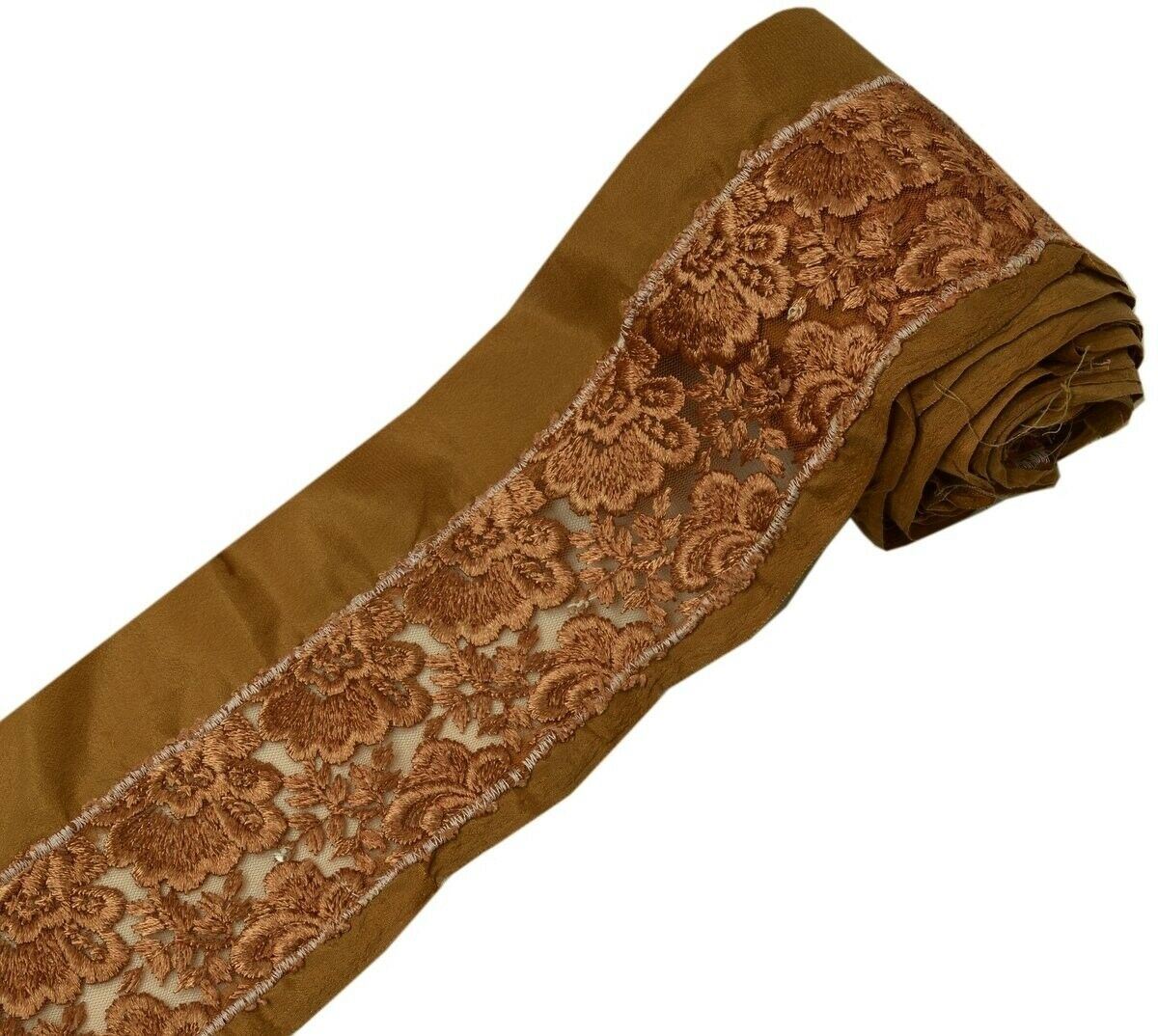 Vintage Sari Border Indian Craft Trim Embroidered Floral Net Fabric Lace Brown