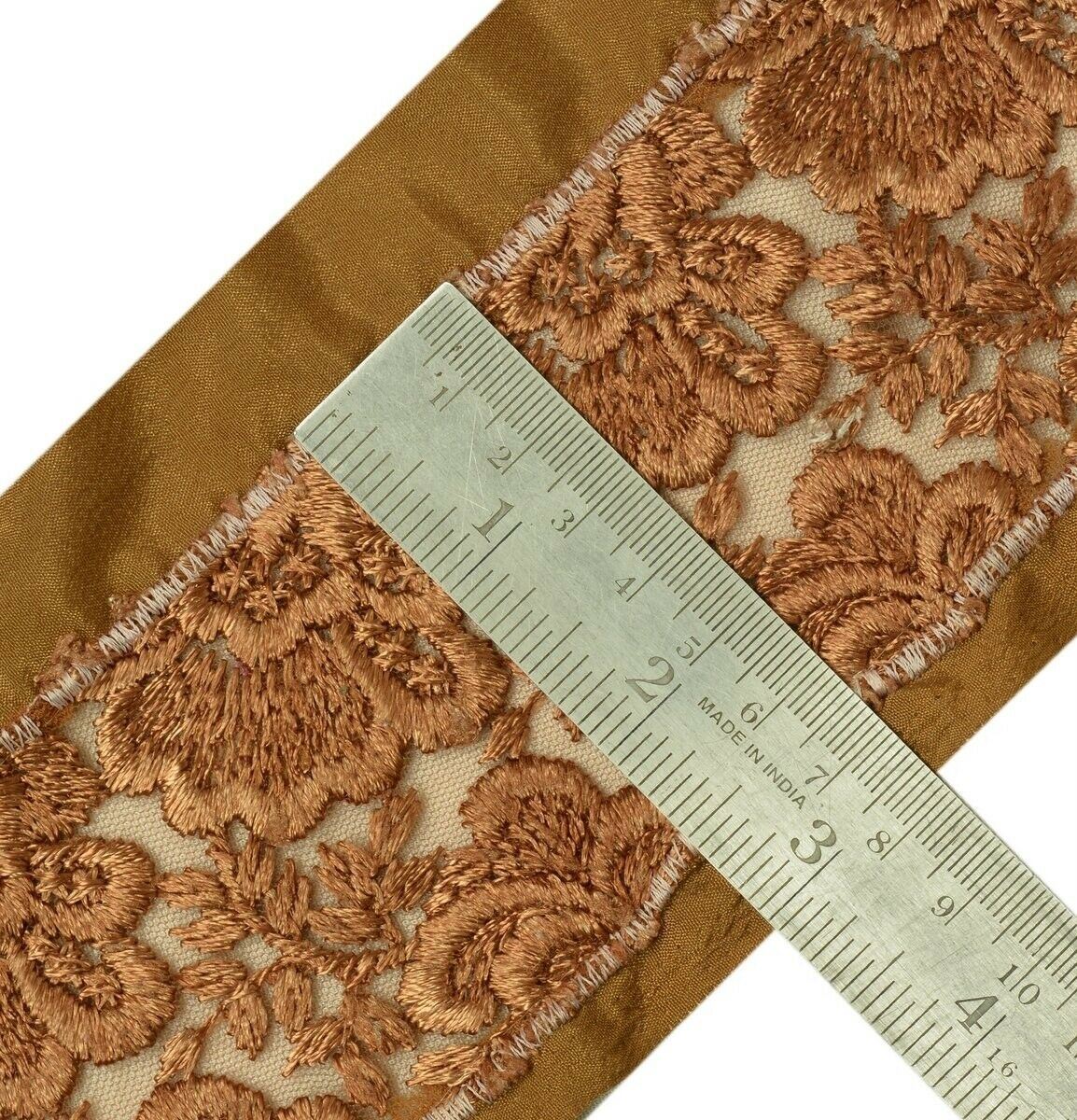 Vintage Sari Border Indian Craft Trim Embroidered Floral Net Fabric Lace Brown