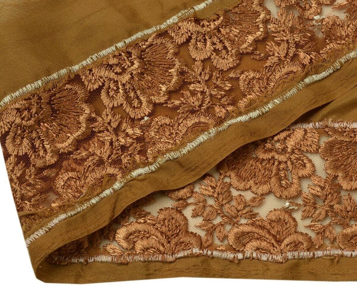 Vintage Sari Border Indian Craft Trim Embroidered Floral Net Fabric Lace Brown