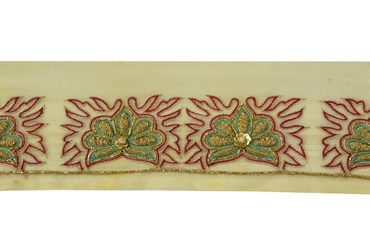 Vintage Sari Border Indian Craft Trim Antique Hand Beaded Embroidered Lace Cream