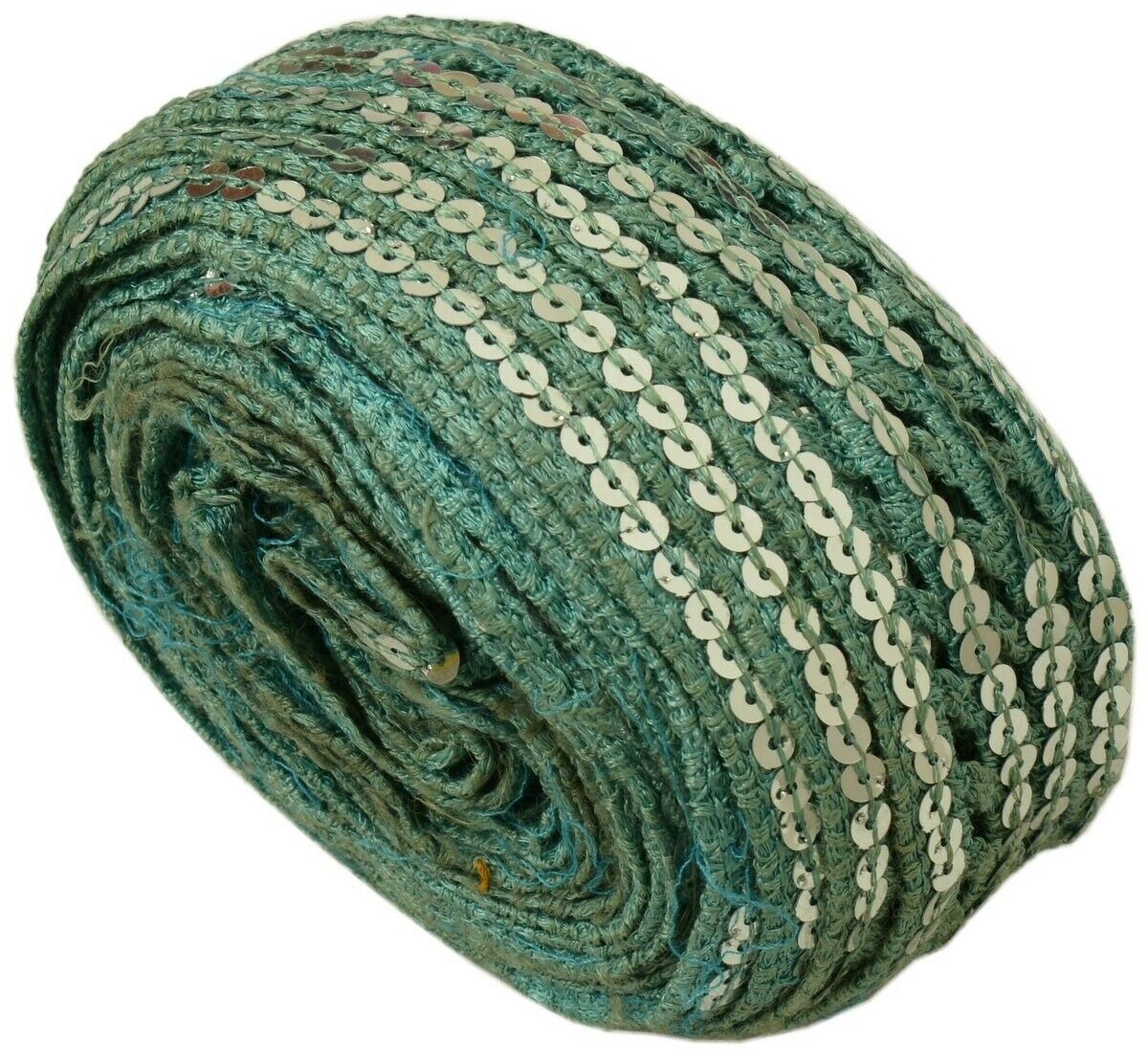 Vintage Sari Border Indian Craft Trim Sequins Embroidered Ribbon Lace Green