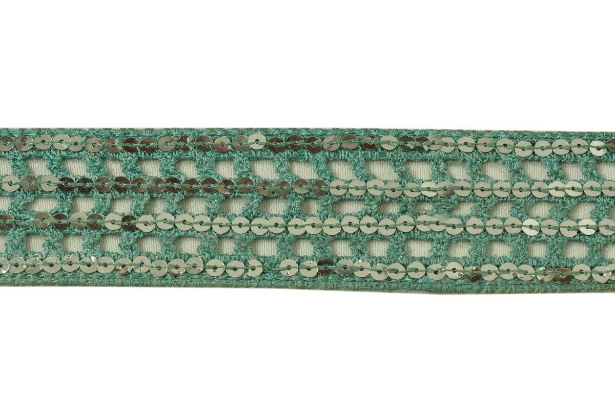 Vintage Sari Border Indian Craft Trim Sequins Embroidered Ribbon Lace Green