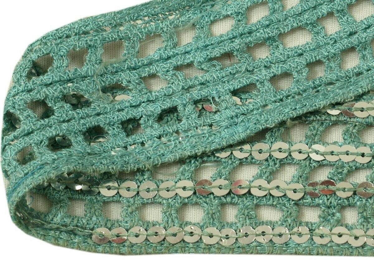 Vintage Sari Border Indian Craft Trim Sequins Embroidered Ribbon Lace Green