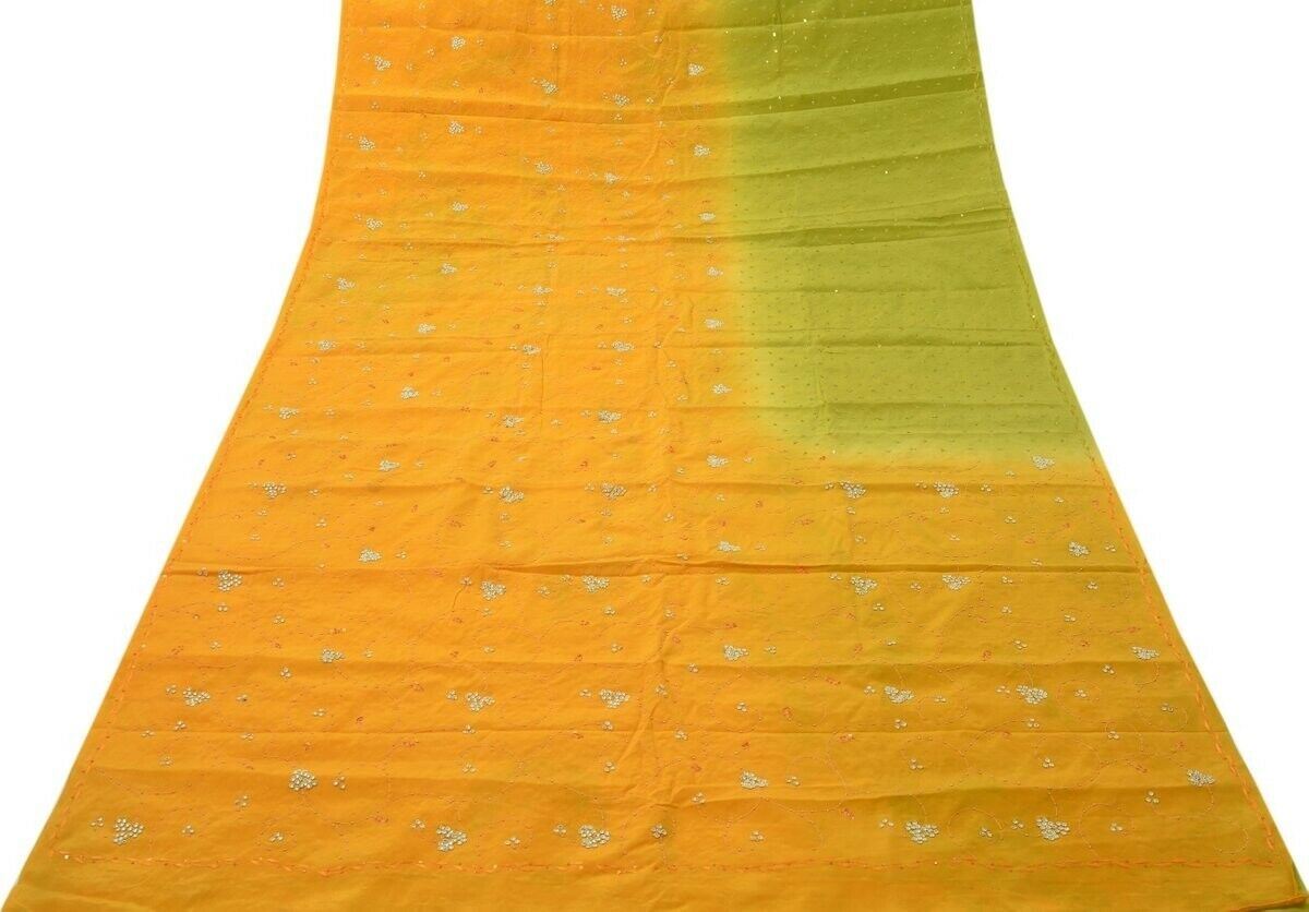 Vtg Saree 100% Pure Crepe Silk Hand Beaded Embroidered Scrap Fabric for Craft