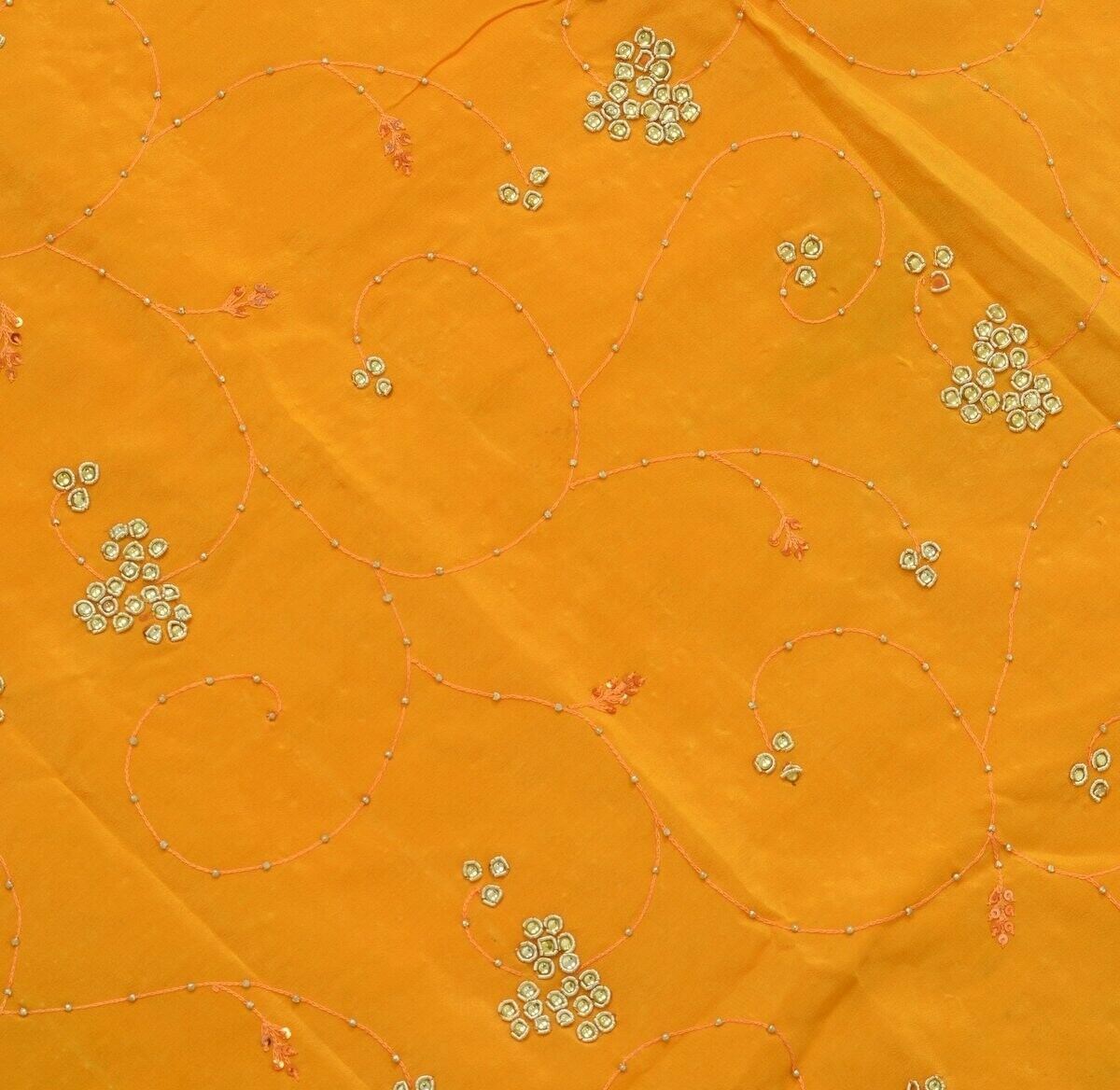 Vtg Saree 100% Pure Crepe Silk Hand Beaded Embroidered Scrap Fabric for Craft
