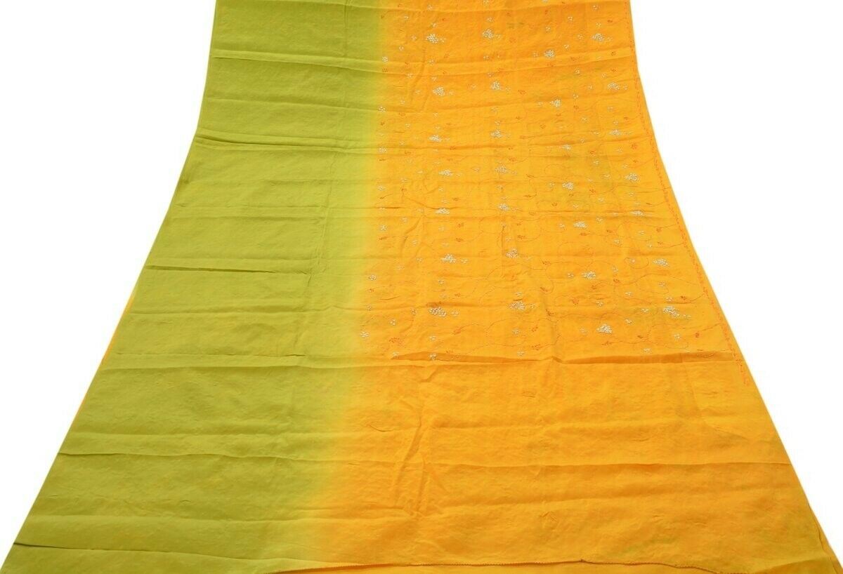 Vtg Saree 100% Pure Crepe Silk Hand Beaded Embroidered Scrap Fabric for Craft