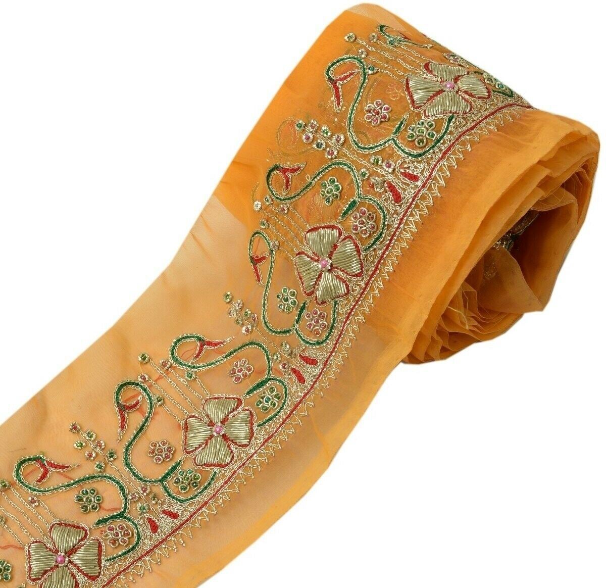 Vintage Sari Border Indian Craft Trim Hand Beaded Embroidered Ribbon Lace Peach
