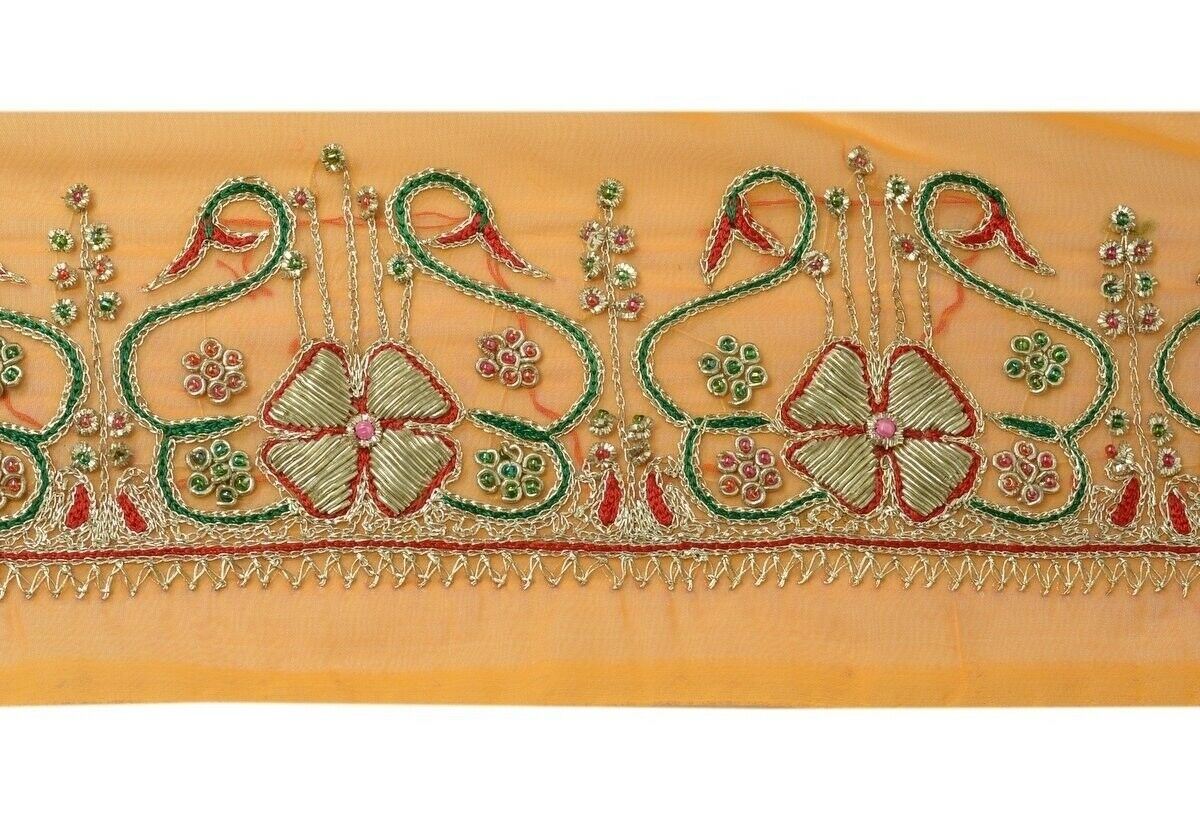 Vintage Sari Border Indian Craft Trim Hand Beaded Embroidered Ribbon Lace Peach