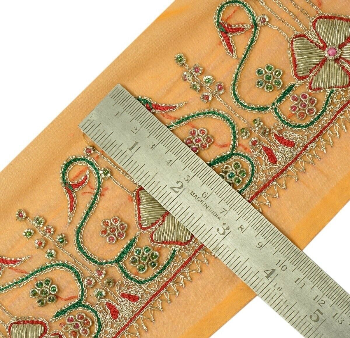 Vintage Sari Border Indian Craft Trim Hand Beaded Embroidered Ribbon Lace Peach
