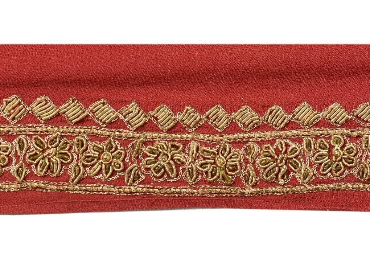 Vintage Sari Border Indian Craft Trim Hand Beaded Zardozi Ribbon Lace Deep Red