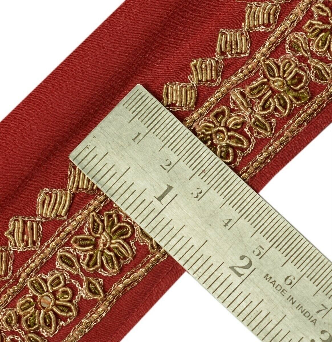 Vintage Sari Border Indian Craft Trim Hand Beaded Zardozi Ribbon Lace Deep Red