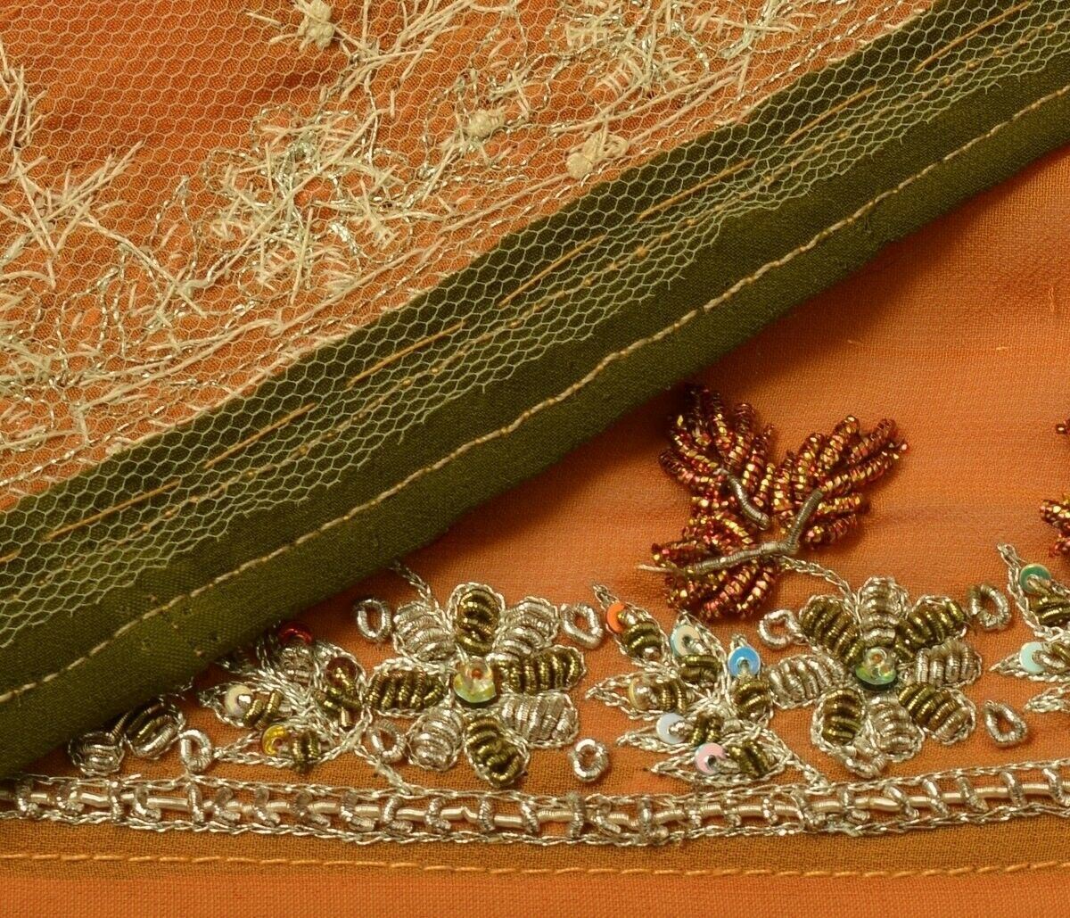 Vintage Sari Border Indian Craft Trim Hand Beaded Embroidered Ribbon Lace Rust