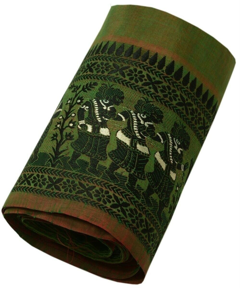 Vintage Sari Border Indian Craft Trim Woven Human Figures Ribbon Lace Green