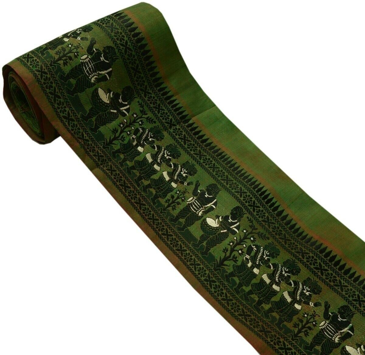 Vintage Sari Border Indian Craft Trim Woven Human Figures Ribbon Lace Green