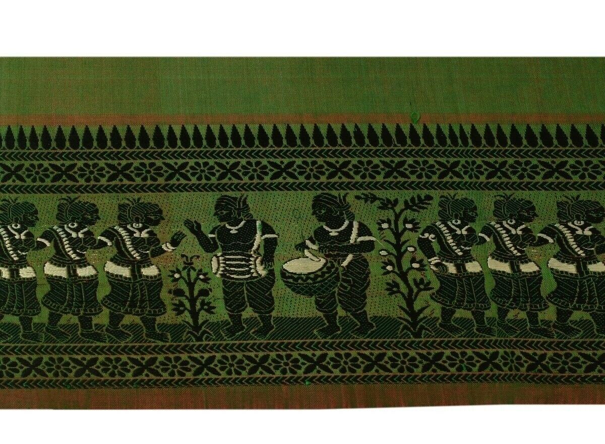 Vintage Sari Border Indian Craft Trim Woven Human Figures Ribbon Lace Green