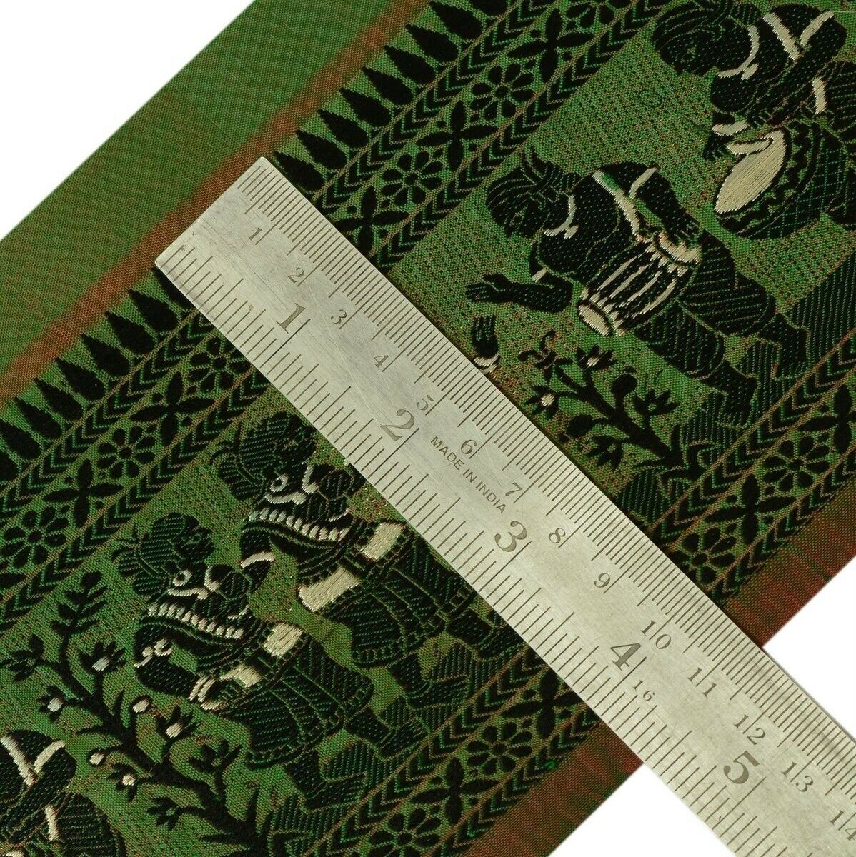 Vintage Sari Border Indian Craft Trim Woven Human Figures Ribbon Lace Green