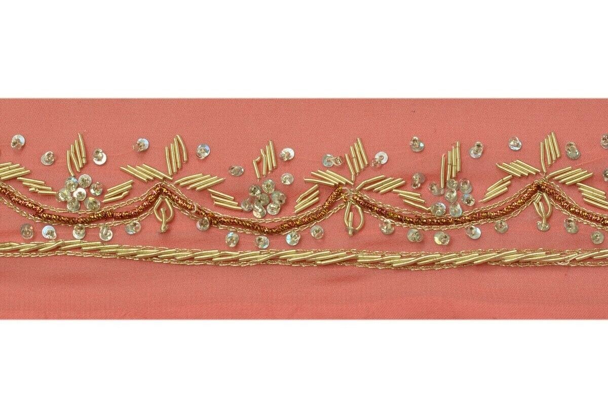Vintage Sari Border Indian Craft Trim Hand Beaded Zardozi Sewing Lace Peach