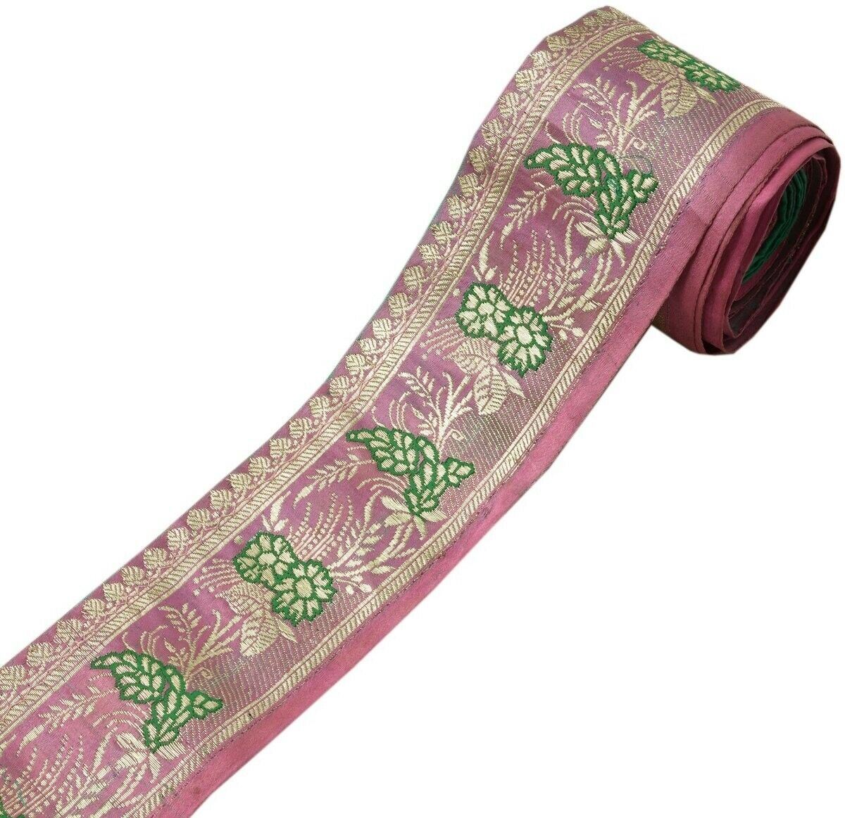 Vintage Sari Border Indian Craft Trim Woven Zari Brocade Pink Banarasi Lace