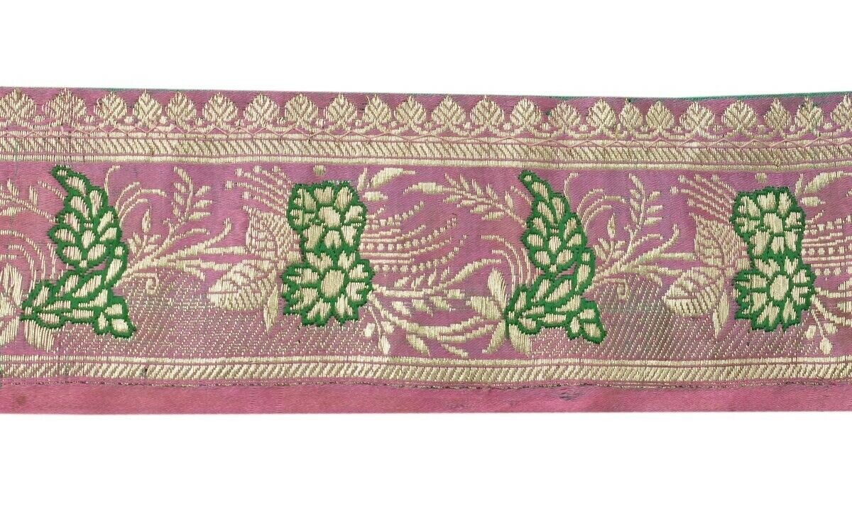 Vintage Sari Border Indian Craft Trim Woven Zari Brocade Pink Banarasi Lace