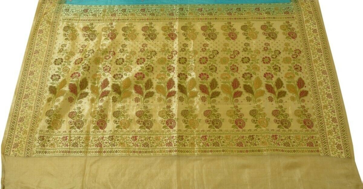 Vintage Saree Multi Purpose Design Fabric Piece for Sew Craft Woven Cream