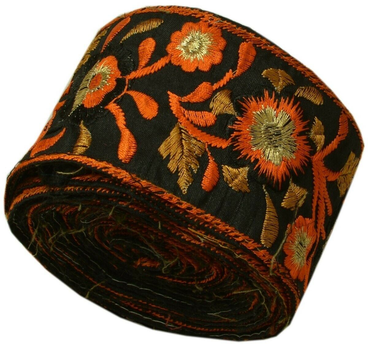 Vintage Sari Border Indian Craft Trim Embroidered Sewing Ribbon Lace Black