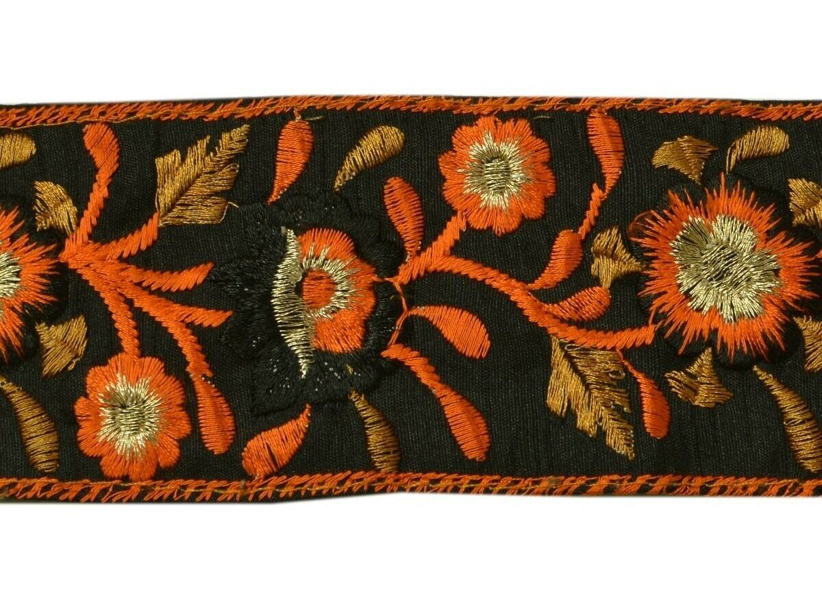 Vintage Sari Border Indian Craft Trim Embroidered Sewing Ribbon Lace Black