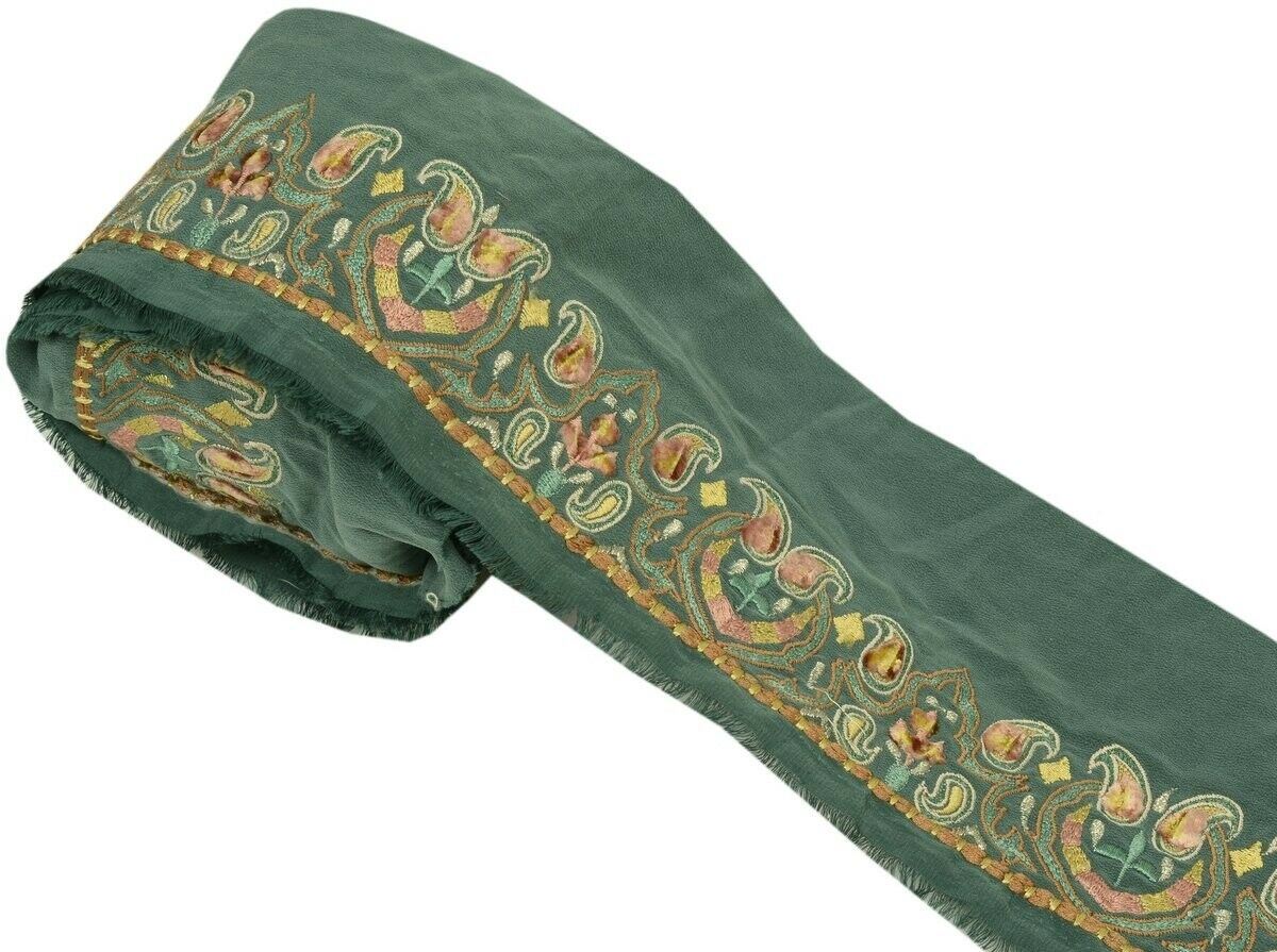 Vintage Sari Border Indian Craft Trim Embroidered Ribbon Lace Grayish Green