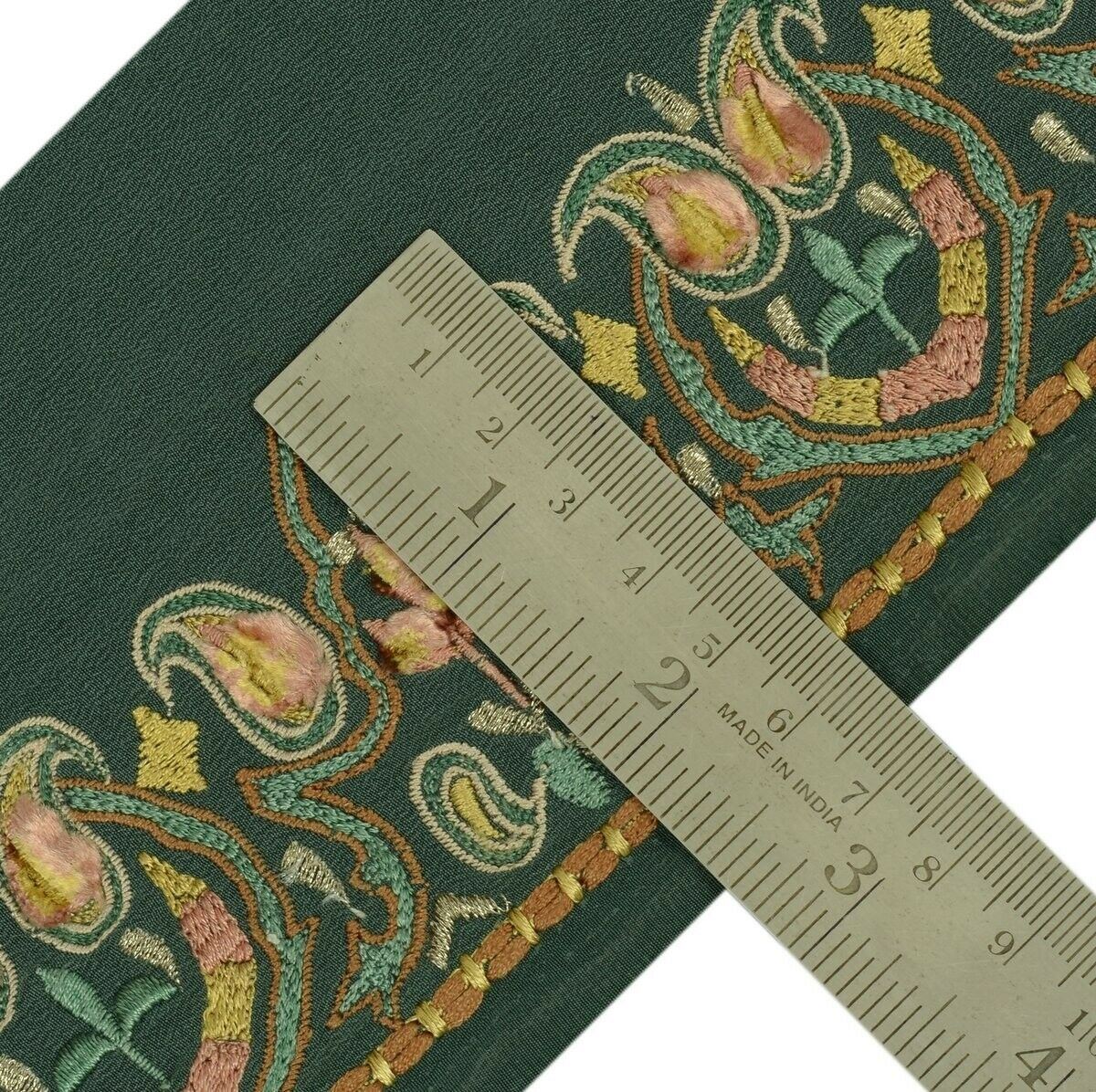 Vintage Sari Border Indian Craft Trim Embroidered Ribbon Lace Grayish Green