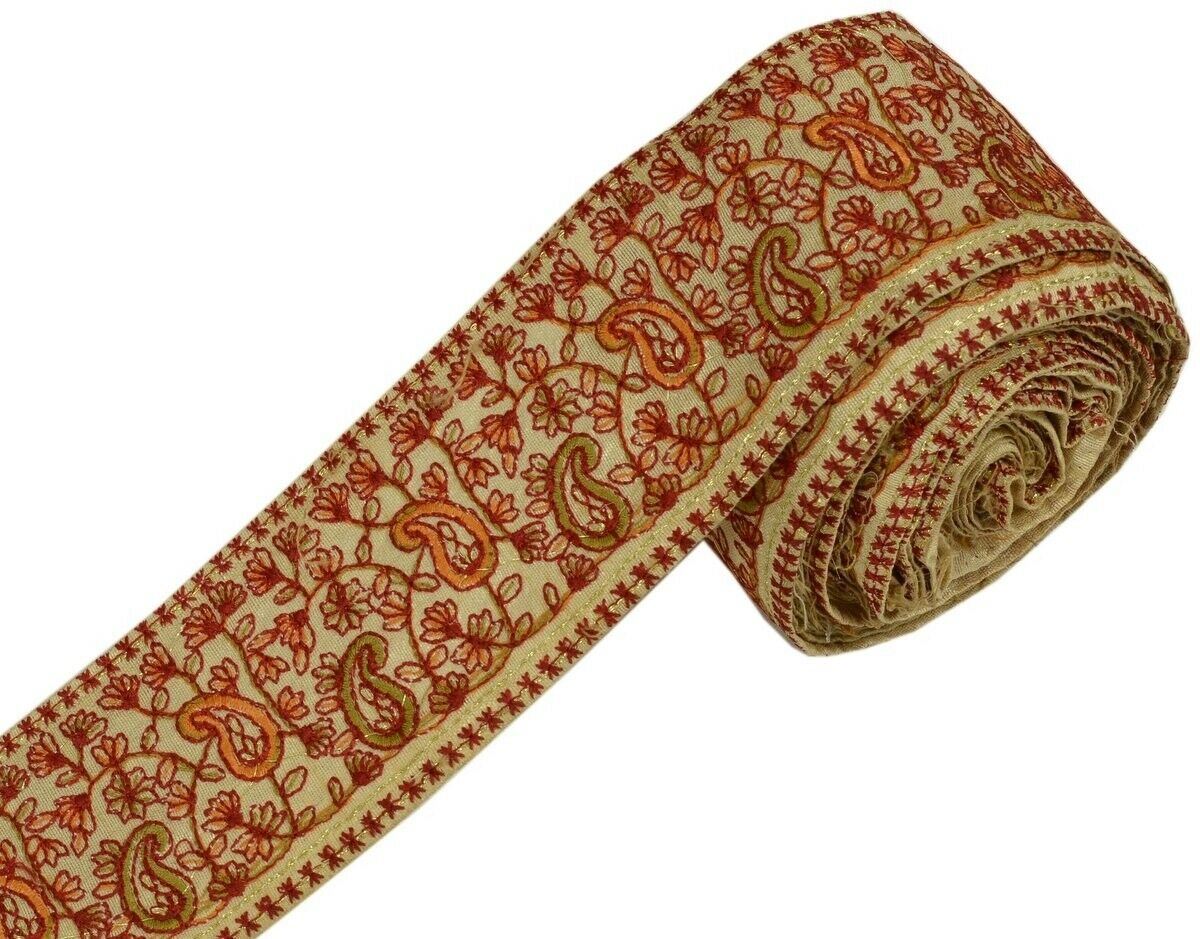 Vintage Sari Border Indian Craft Trim Antique Embroidered Ribbon Lace Cream