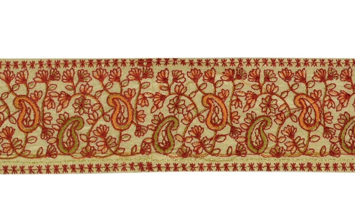 Vintage Sari Border Indian Craft Trim Antique Embroidered Ribbon Lace Cream