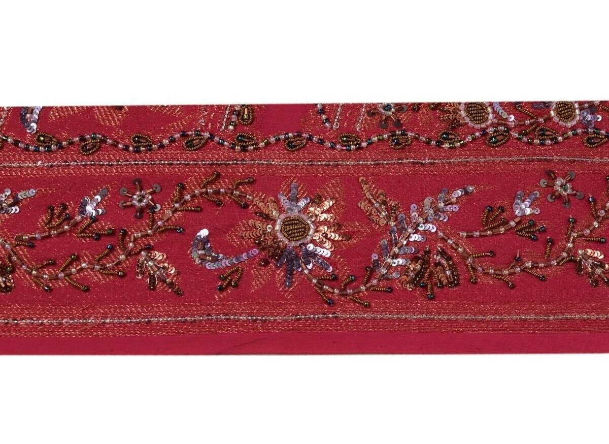 Vintage Sari Border Indian Craft Trim Hand Beaded Sewing Ribbon Lace Magenta