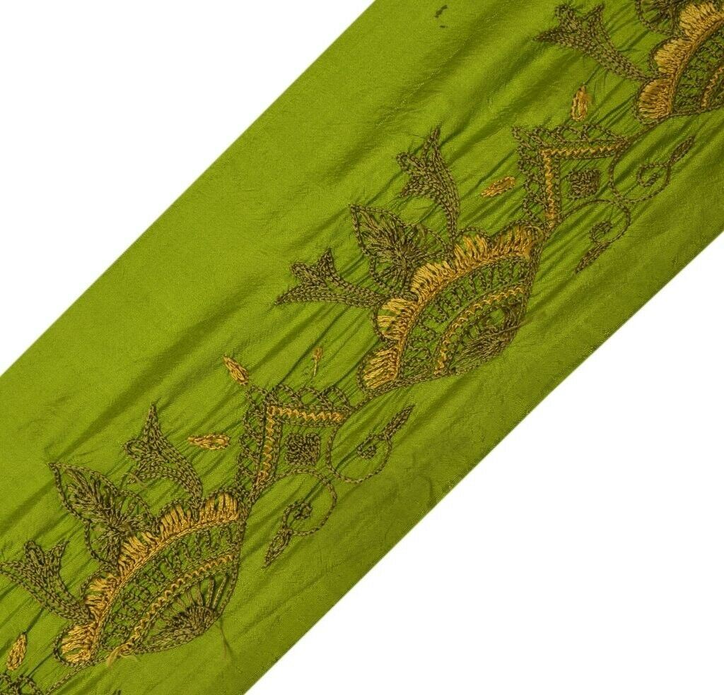 Vintage Sari Border Indian Craft Sewing Trim Embroidered Green Pure Silk Lace