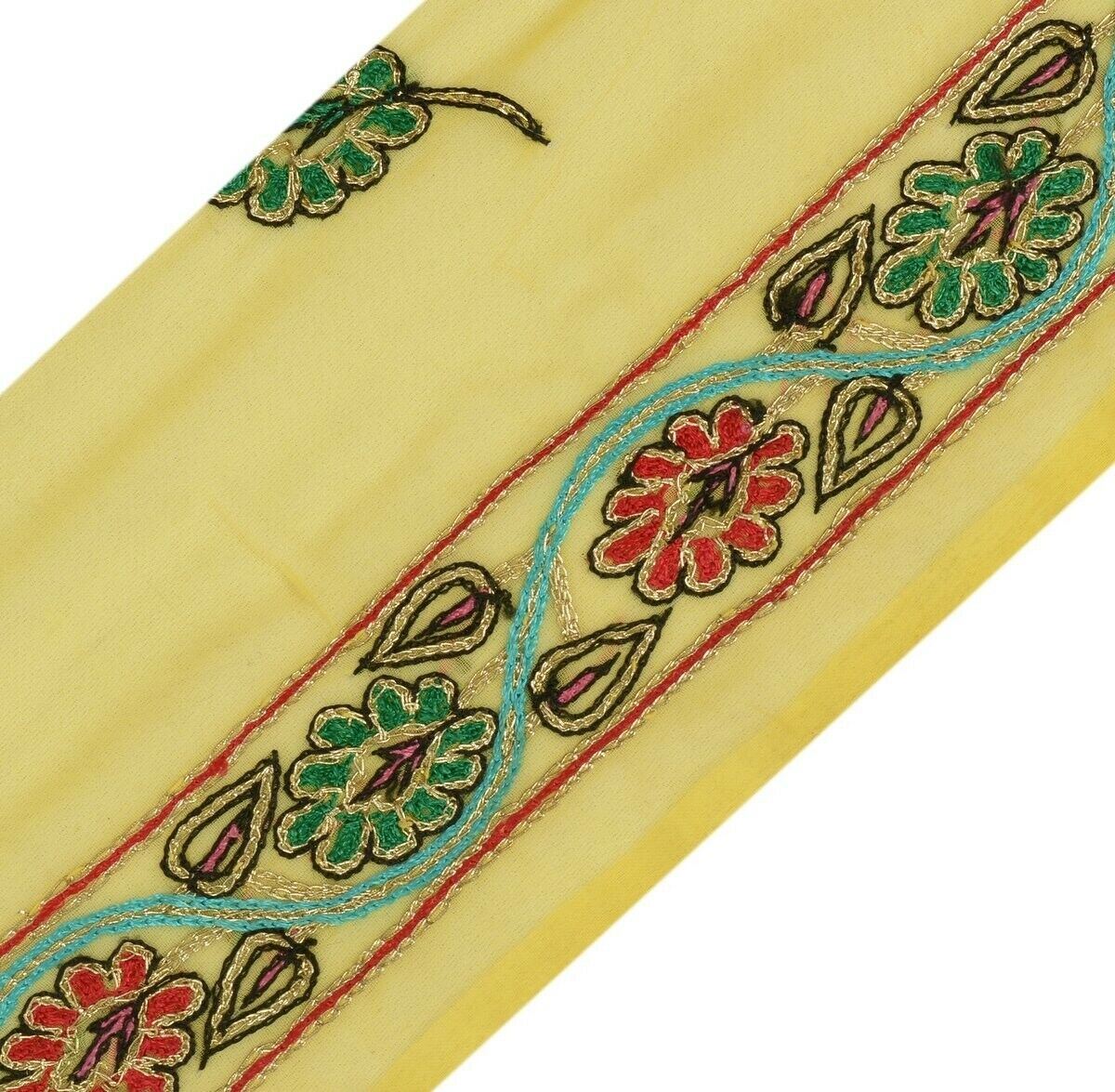 Vintage Sari Border Indian Craft Trim Antique Embroidered Ribbon Lace Yellow
