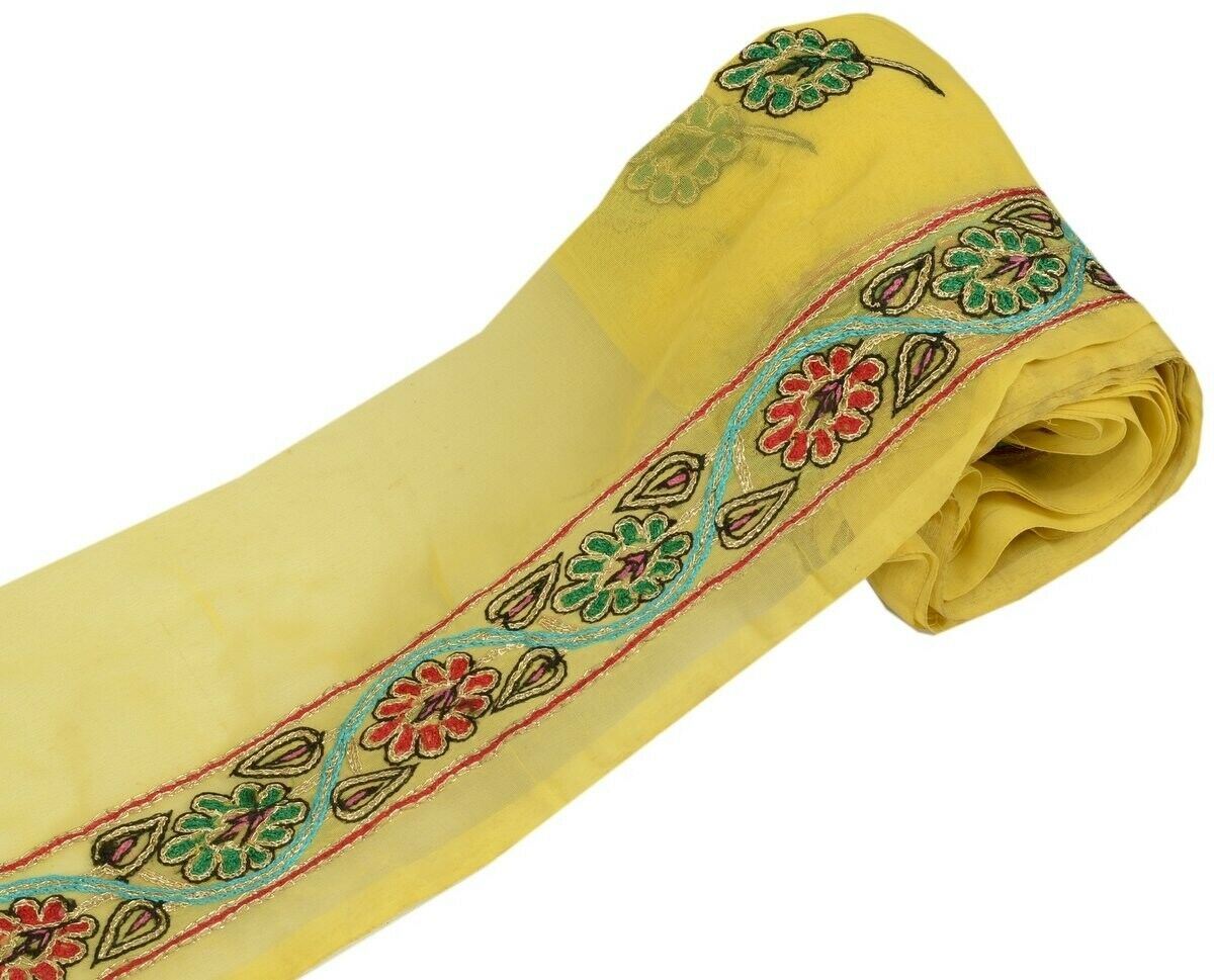 Vintage Sari Border Indian Craft Trim Antique Embroidered Ribbon Lace Yellow
