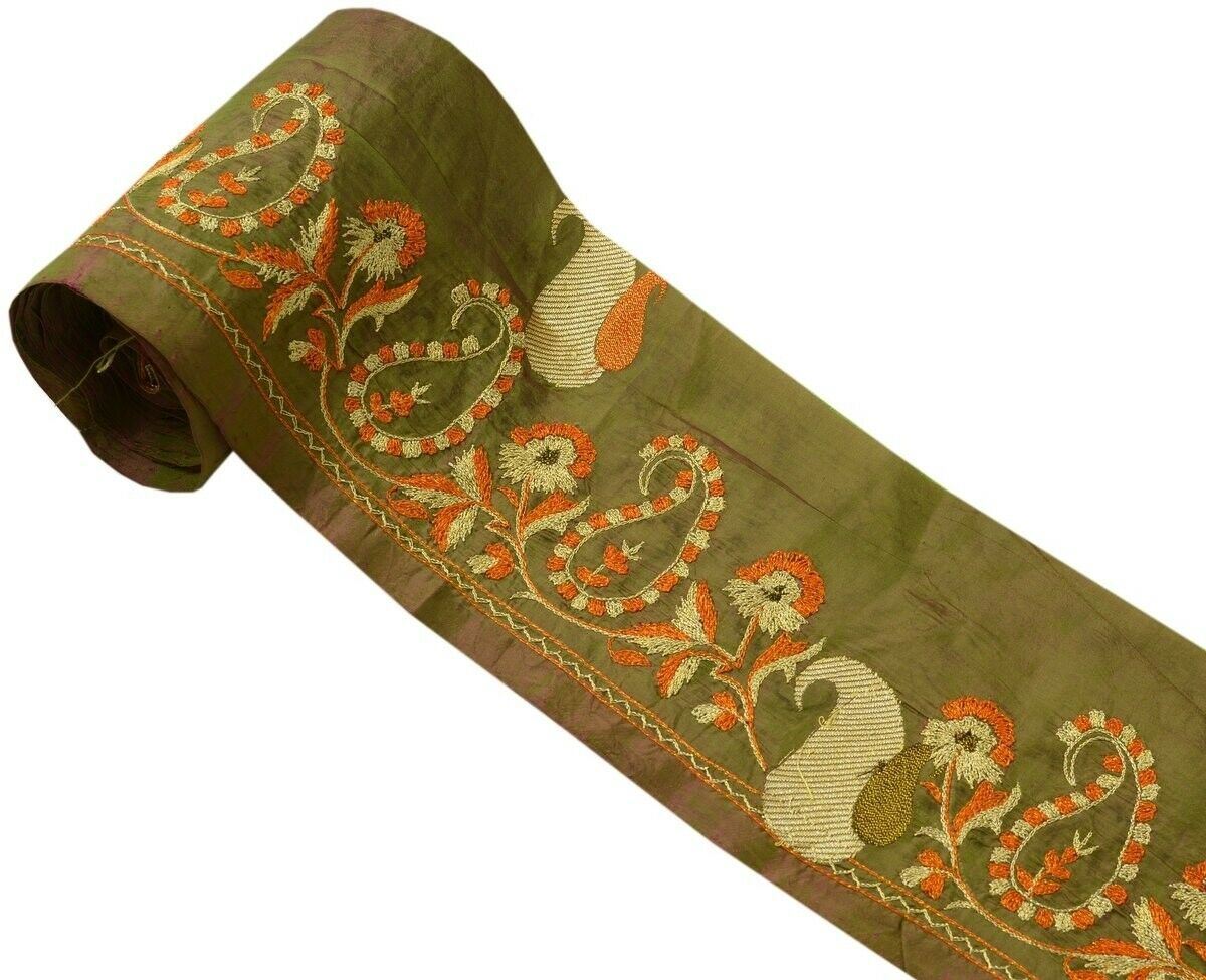 Vintage Sari Border Indian Craft Trim Embroidered Sewing Ribbon Lace Green