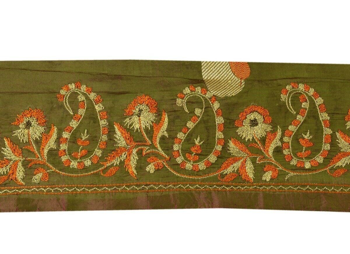 Vintage Sari Border Indian Craft Trim Embroidered Sewing Ribbon Lace Green