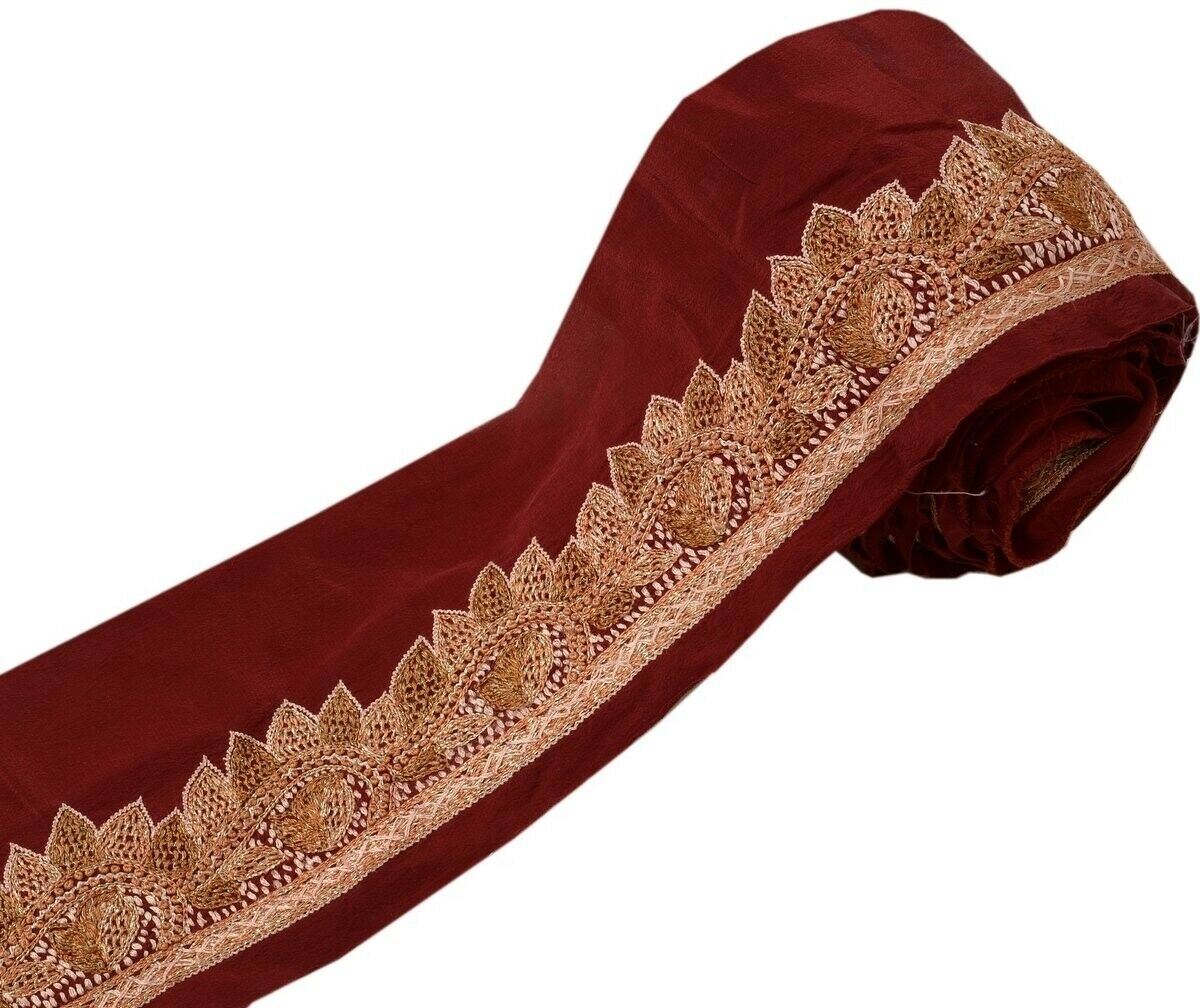 Vintage Sari Border Indian Craft Trim Hand Embroidered Sewing Ribbon Lace Maroon