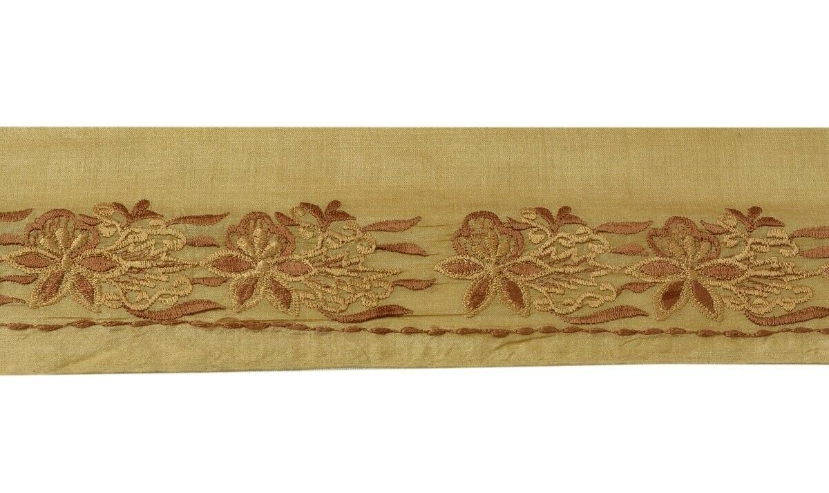 Vintage Sari Border Indian Craft Trim Antique Embroidered Ribbon Lace Brown