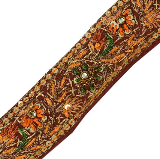 Vintage Sari Border Indian Craft Trim Hand Embroidered Sewing Ribbon Lace Maroon