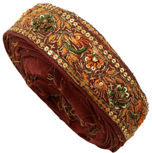 Vintage Sari Border Indian Craft Trim Hand Embroidered Sewing Ribbon Lace Maroon