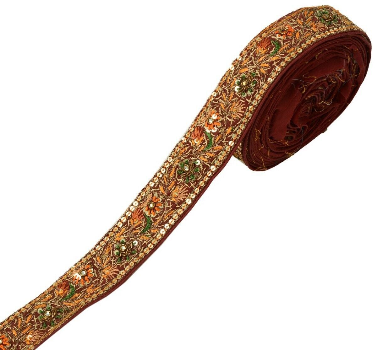 Vintage Sari Border Indian Craft Trim Hand Embroidered Sewing Ribbon Lace Maroon