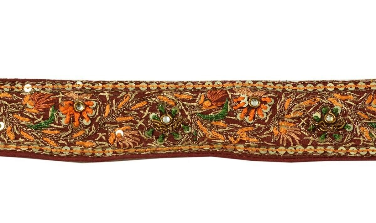 Vintage Sari Border Indian Craft Trim Hand Embroidered Sewing Ribbon Lace Maroon