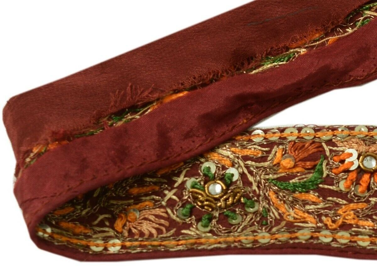 Vintage Sari Border Indian Craft Trim Hand Embroidered Sewing Ribbon Lace Maroon