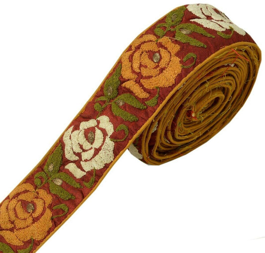 Vintage Saree Border Indian Craft Trim Embroidered Sewing Ribbon Lace Maroon